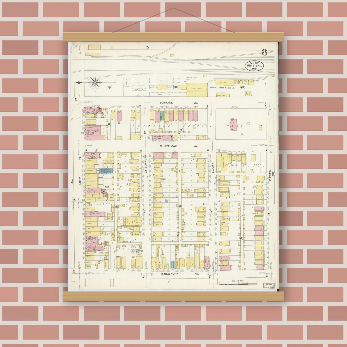 Old map wall art mockup — magnetic wood frame on brick wall — Sanborn Fire Insurance Map from Whiting, Lake County, Indiana (1907), Sheet #0008