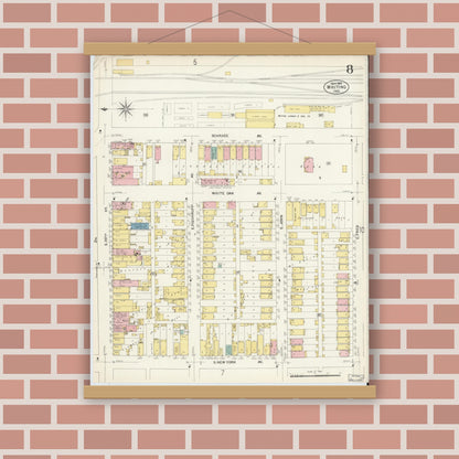 Old map wall art mockup — magnetic wood frame on brick wall — Sanborn Fire Insurance Map from Whiting, Lake County, Indiana (1907), Sheet #0008