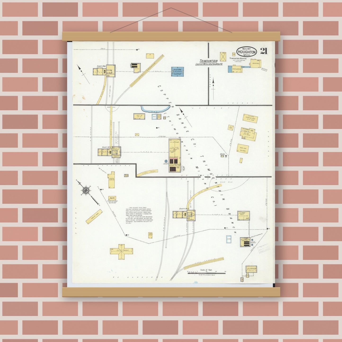 Old map wall art mockup — magnetic wood frame on brick wall — Sanborn Fire Insurance Map from Houghton, Houghton County, Michigan (1917), Sheet #0021