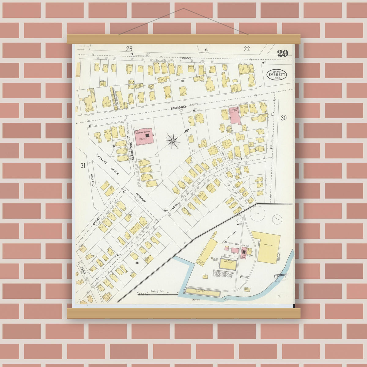 Old map wall art mockup — magnetic wood frame on brick wall — Sanborn Fire Insurance Map from Everett, Middlesex County, Massachusetts (1903), Sheet #0029