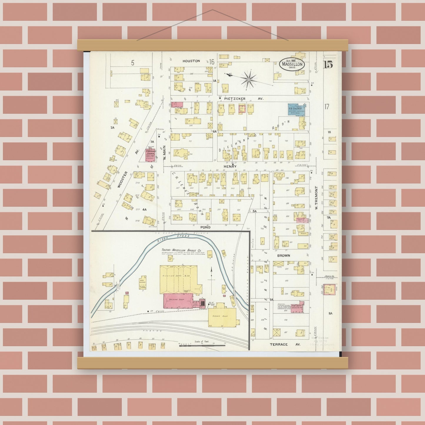Old map wall art mockup — magnetic wood frame on brick wall — Sanborn Fire Insurance Map from Massillon, Stark County, Ohio (1908), Sheet #0015