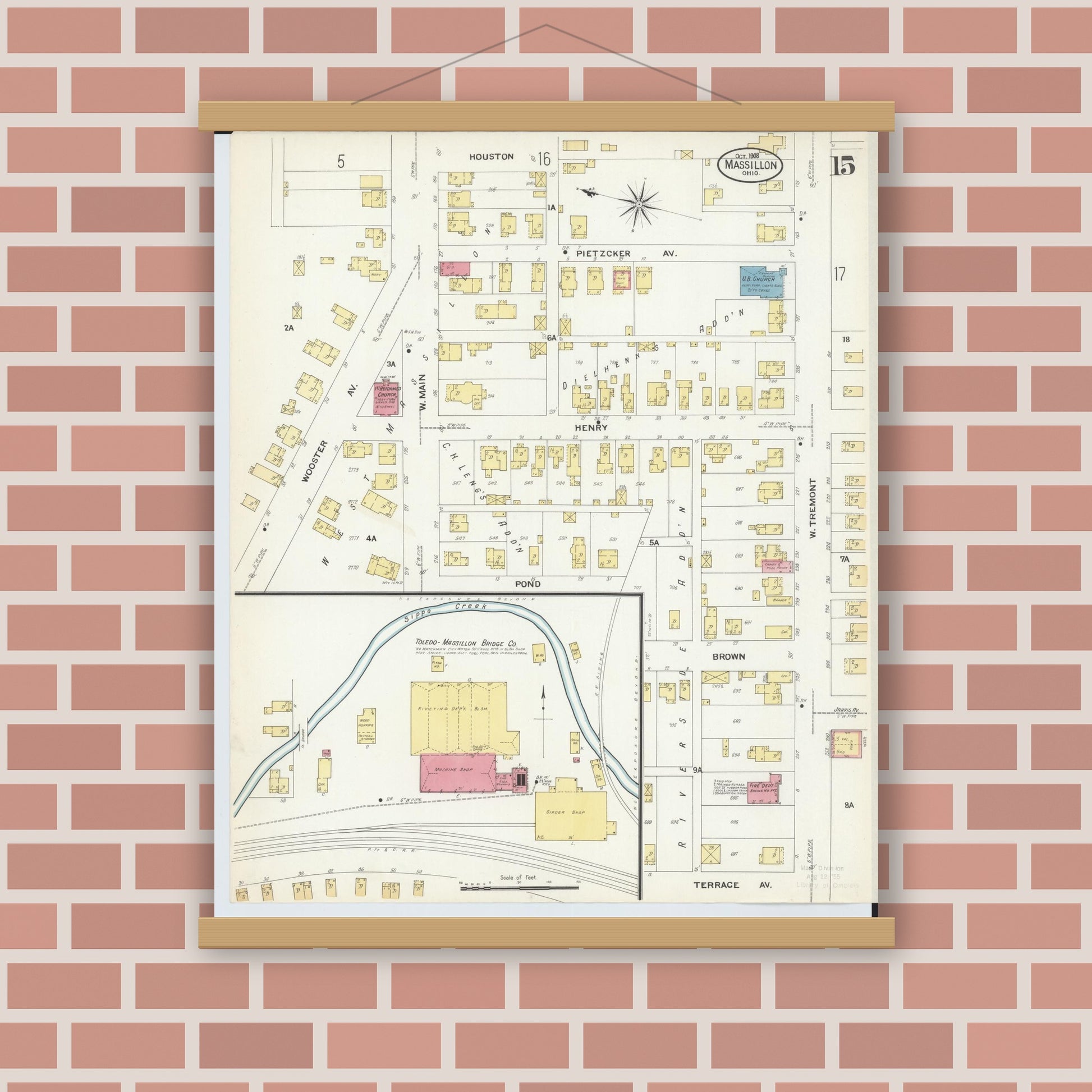 Old map wall art mockup — magnetic wood frame on brick wall — Sanborn Fire Insurance Map from Massillon, Stark County, Ohio (1908), Sheet #0015