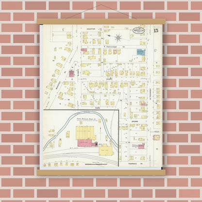 Old map wall art mockup — magnetic wood frame on brick wall — Sanborn Fire Insurance Map from Massillon, Stark County, Ohio (1908), Sheet #0015