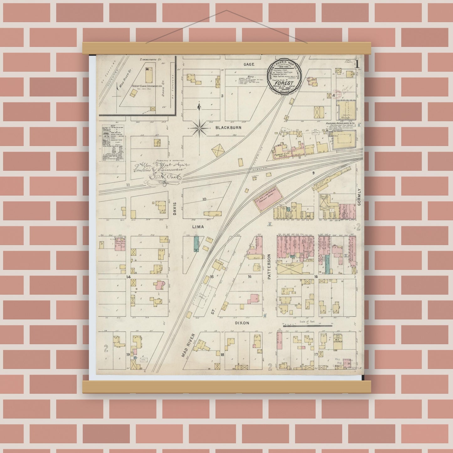 Old map wall art mockup — magnetic wood frame on brick wall — Sanborn Fire Insurance Map from Forest, Hardin County, Ohio (1895) - Complete Map Set