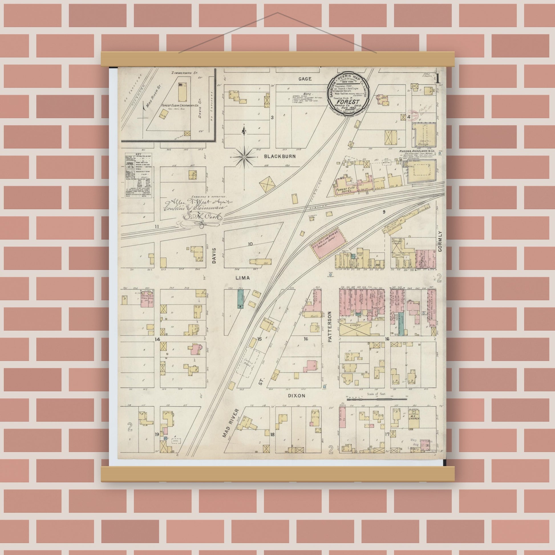 Old map wall art mockup — magnetic wood frame on brick wall — Sanborn Fire Insurance Map from Forest, Hardin County, Ohio (1895) - Complete Map Set