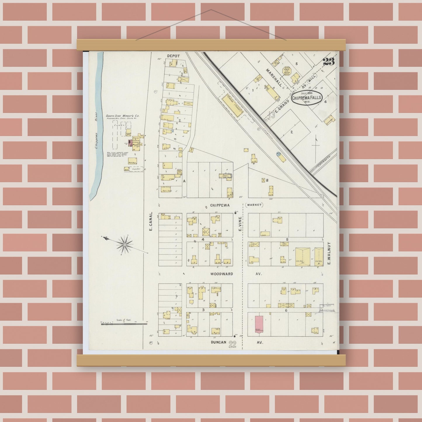 Old map wall art mockup — magnetic wood frame on brick wall — Sanborn Fire Insurance Map from Chippewa Falls, Chippewa County, Wisconsin (1895), Sheet #0023