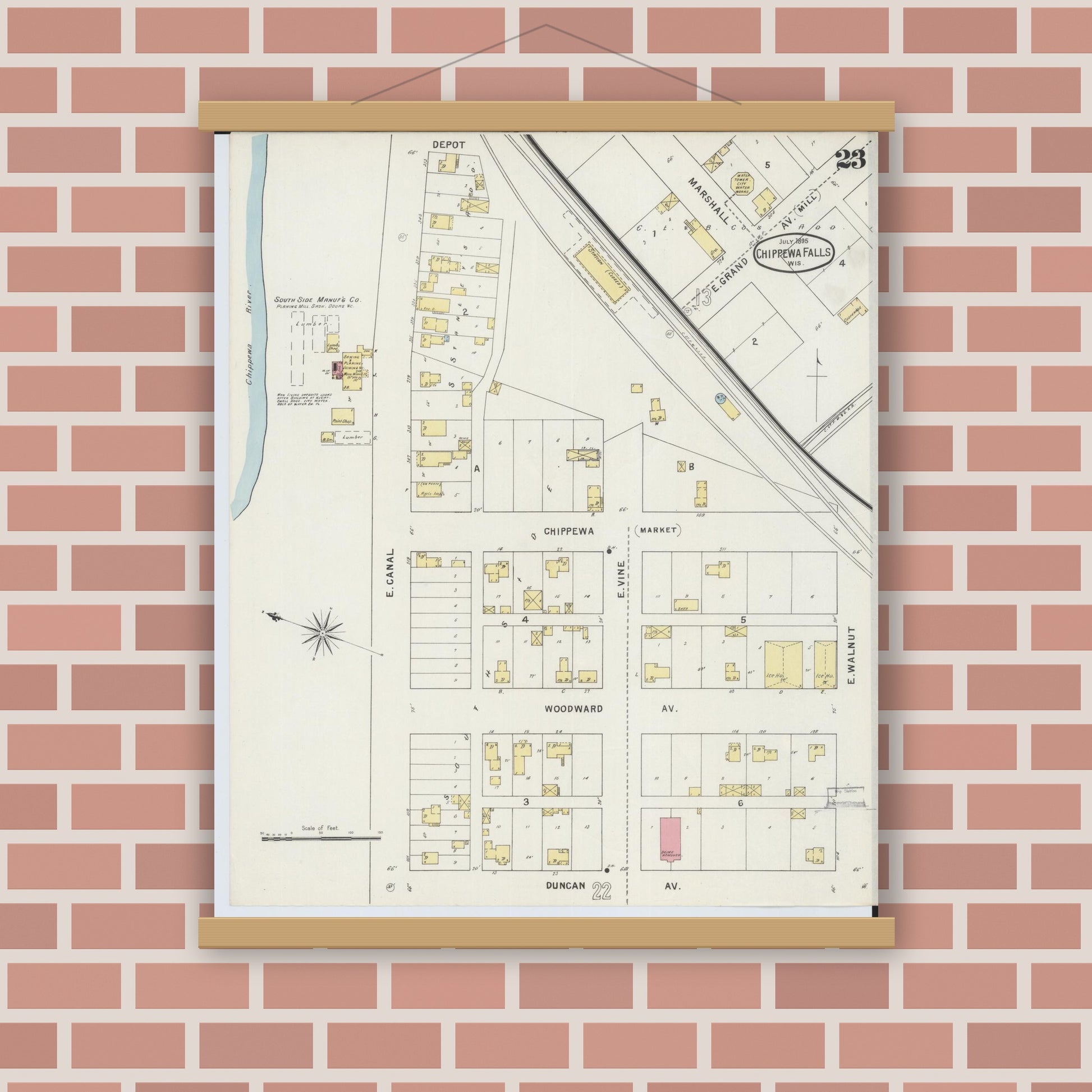 Old map wall art mockup — magnetic wood frame on brick wall — Sanborn Fire Insurance Map from Chippewa Falls, Chippewa County, Wisconsin (1895), Sheet #0023