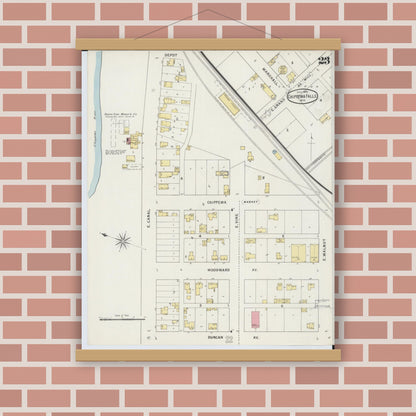Old map wall art mockup — magnetic wood frame on brick wall — Sanborn Fire Insurance Map from Chippewa Falls, Chippewa County, Wisconsin (1895), Sheet #0023