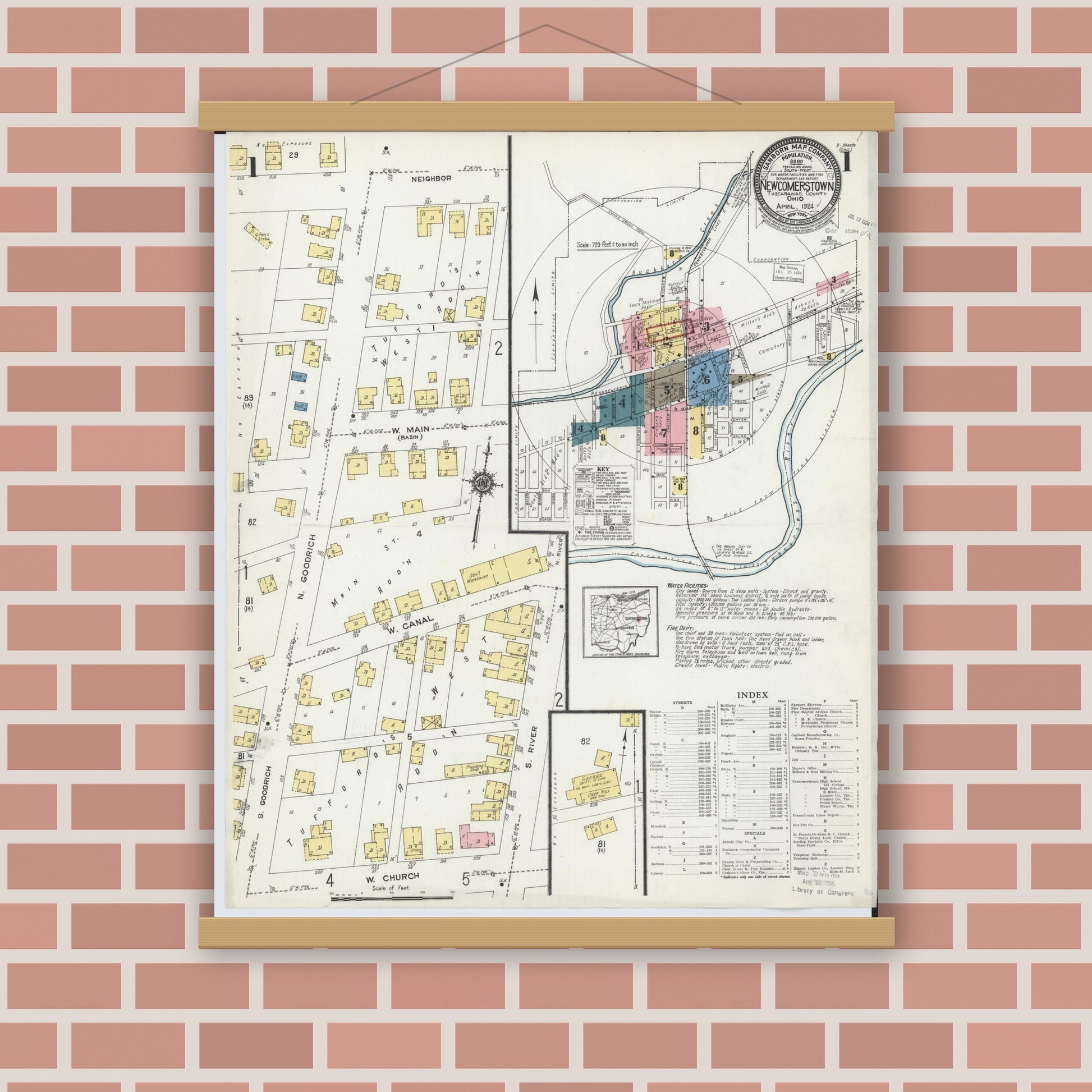 Old map wall art mockup — magnetic wood frame on brick wall — Sanborn Fire Insurance Map from Newcomerstown, Tuscarawas County, Ohio (1924), Sheet #0001