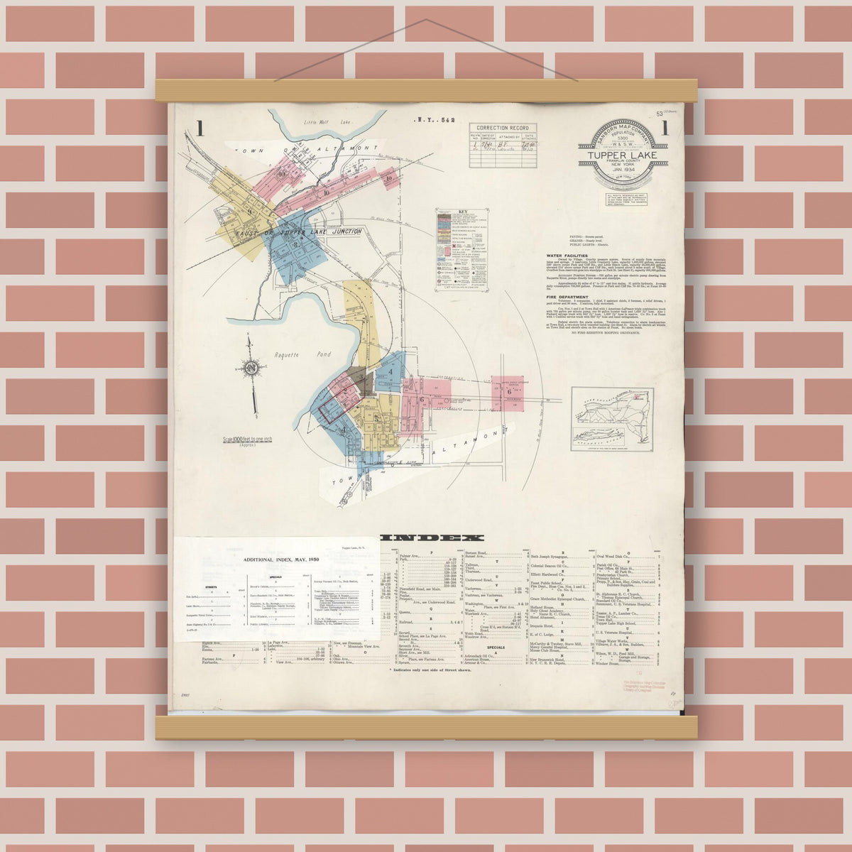 Old map wall art mockup — magnetic wood frame on brick wall — Sanborn Fire Insurance Map from Tupper Lake, Franklin County, New York (1950) - Complete Map Set