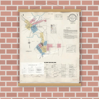 Old map wall art mockup — magnetic wood frame on brick wall — Sanborn Fire Insurance Map from Tupper Lake, Franklin County, New York (1950) - Complete Map Set