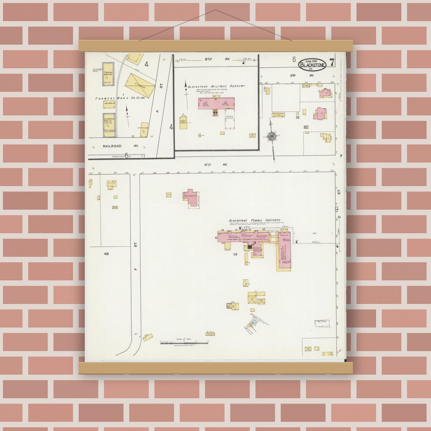 Old map wall art mockup — magnetic wood frame on brick wall — Sanborn Fire Insurance Map from Blackstone, Nottoway County, Virginia (1919), Sheet #0007