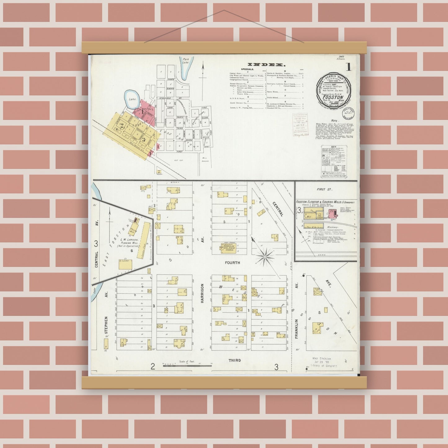 Old map wall art mockup — magnetic wood frame on brick wall — Sanborn Fire Insurance Map from Fosston, Polk County, Minnesota (1899) - Complete Map Set