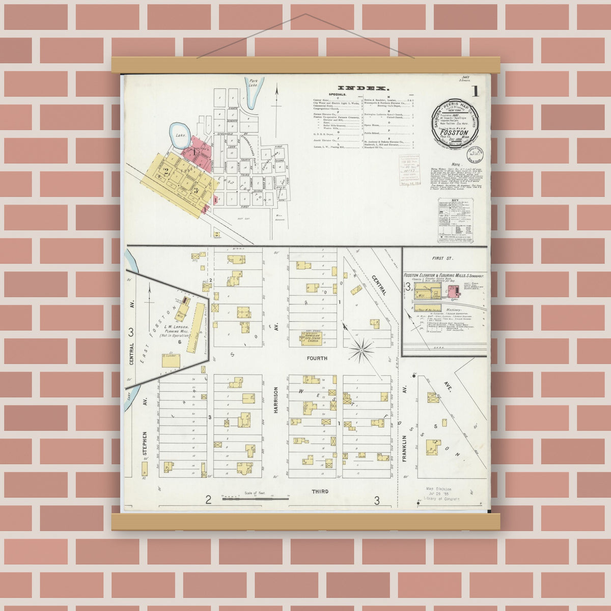 Old map wall art mockup — magnetic wood frame on brick wall — Sanborn Fire Insurance Map from Fosston, Polk County, Minnesota (1899) - Complete Map Set