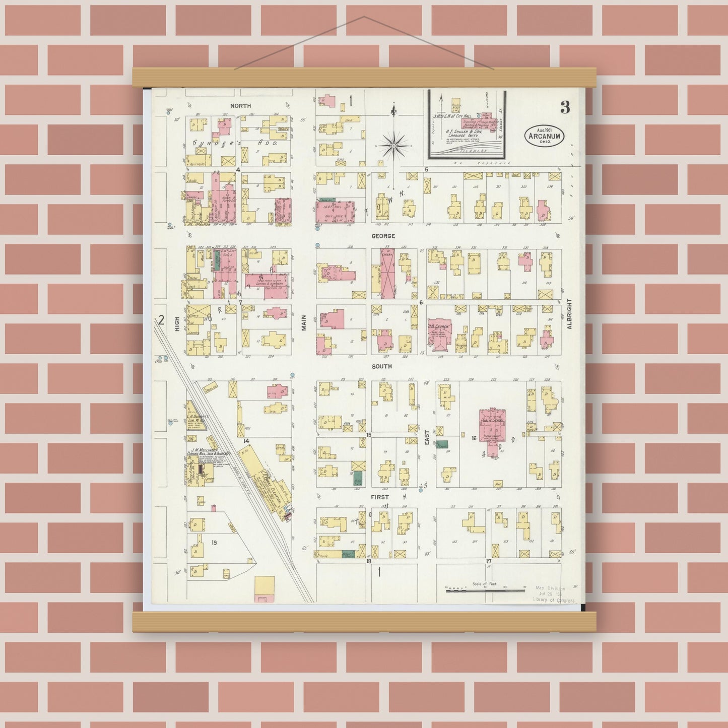 Old map wall art mockup — magnetic wood frame on brick wall — Sanborn Fire Insurance Map from Arcanum, Darke County, Ohio (1901), Sheet #0003