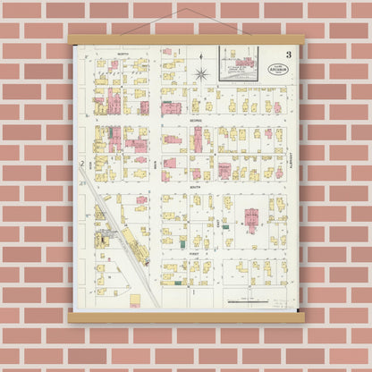 Old map wall art mockup — magnetic wood frame on brick wall — Sanborn Fire Insurance Map from Arcanum, Darke County, Ohio (1901), Sheet #0003