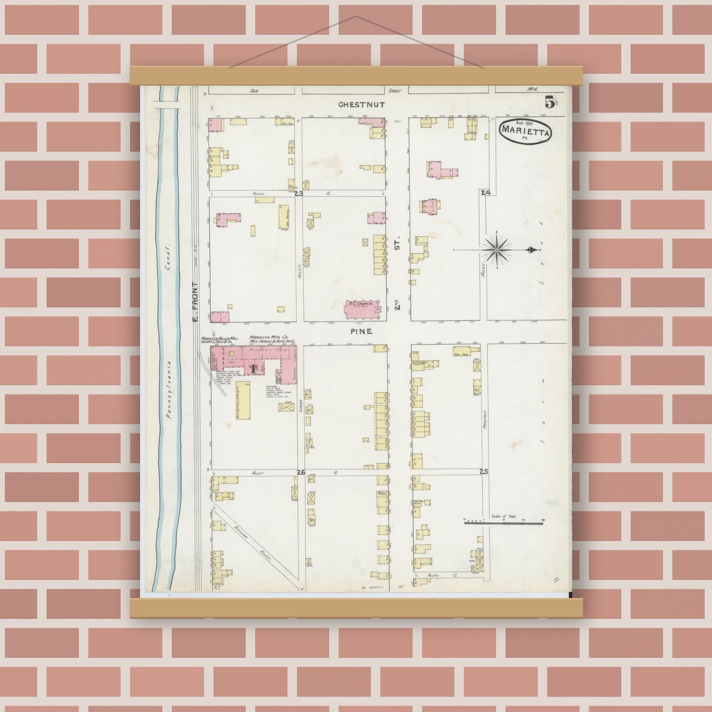 Old map wall art mockup — magnetic wood frame on brick wall — Sanborn Fire Insurance Map from Marietta, Lancaster County, Pennsylvania (1891), Sheet #0005