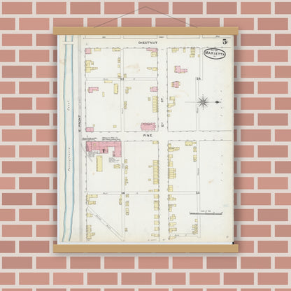 Old map wall art mockup — magnetic wood frame on brick wall — Sanborn Fire Insurance Map from Marietta, Lancaster County, Pennsylvania (1891), Sheet #0005