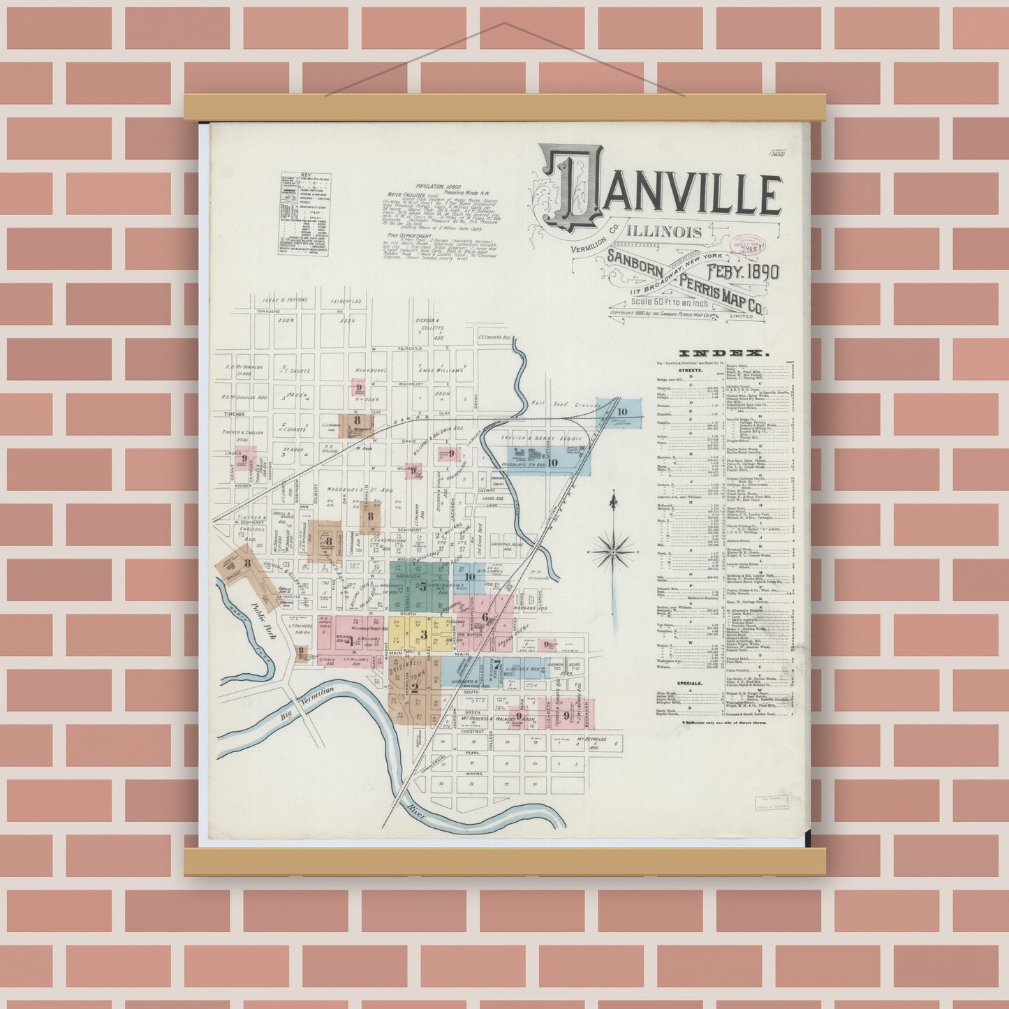 Old map wall art mockup — magnetic wood frame on brick wall — Sanborn Fire Insurance Map from Danville, Vermilion County, Illinois (1890), Sheet #0001
