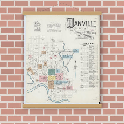Old map wall art mockup — magnetic wood frame on brick wall — Sanborn Fire Insurance Map from Danville, Vermilion County, Illinois (1890), Sheet #0001