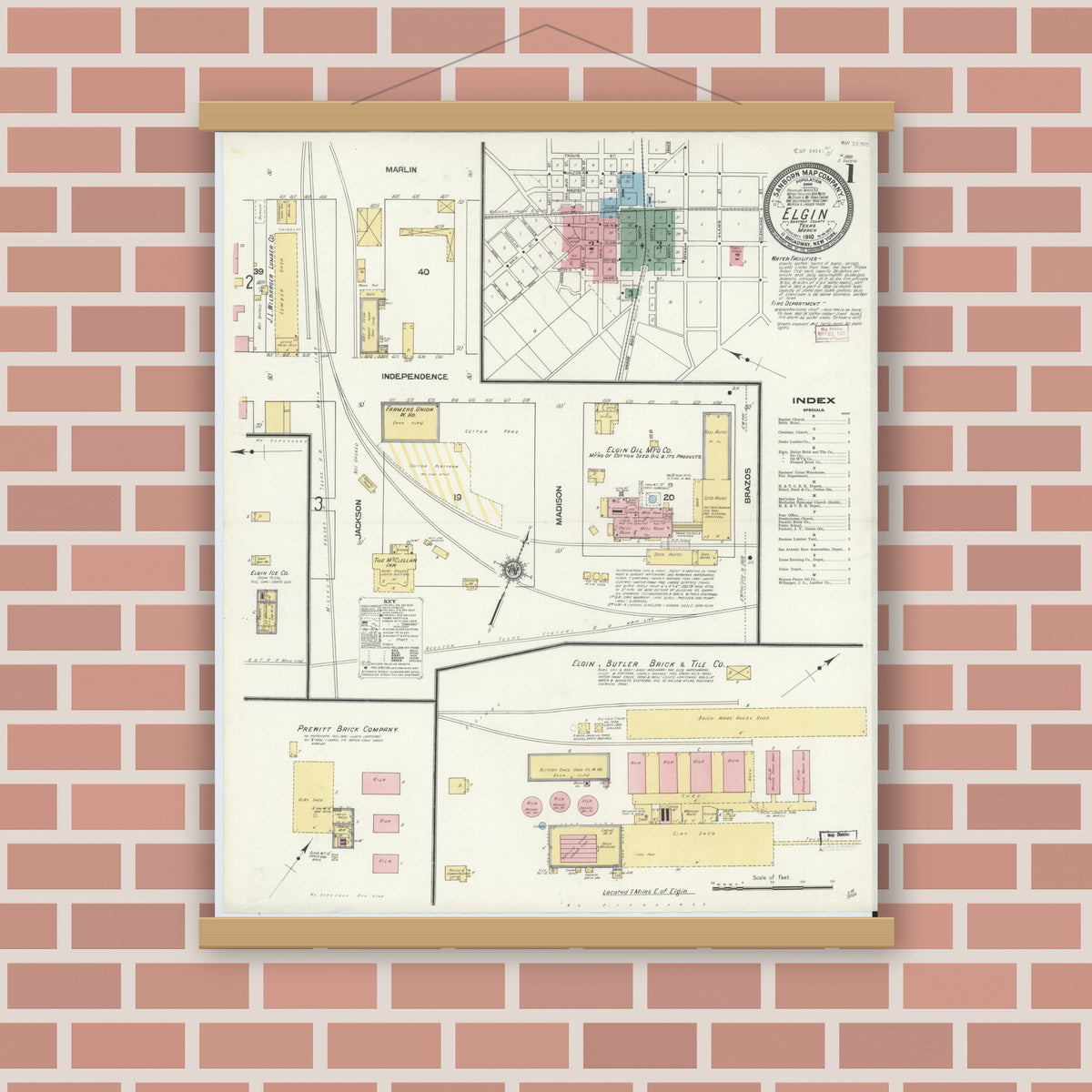 Old map wall art mockup — magnetic wood frame on brick wall — Sanborn Fire Insurance Map from Elgin, Bastrop County, Texas (1910) - Complete Map Set