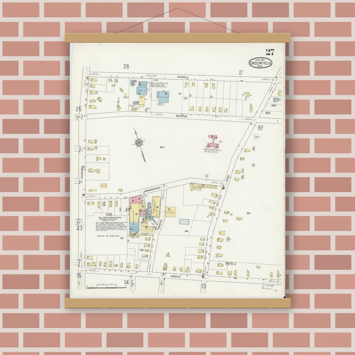 Old map wall art mockup — magnetic wood frame on brick wall — Sanborn Fire Insurance Map from Greenfield, Franklin County, Massachusetts (1914), Sheet #0027