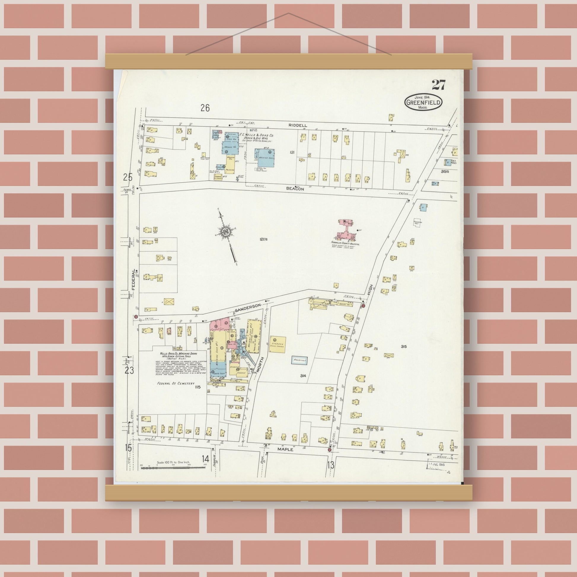 Old map wall art mockup — magnetic wood frame on brick wall — Sanborn Fire Insurance Map from Greenfield, Franklin County, Massachusetts (1914), Sheet #0027