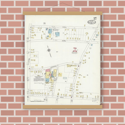 Old map wall art mockup — magnetic wood frame on brick wall — Sanborn Fire Insurance Map from Greenfield, Franklin County, Massachusetts (1914), Sheet #0027
