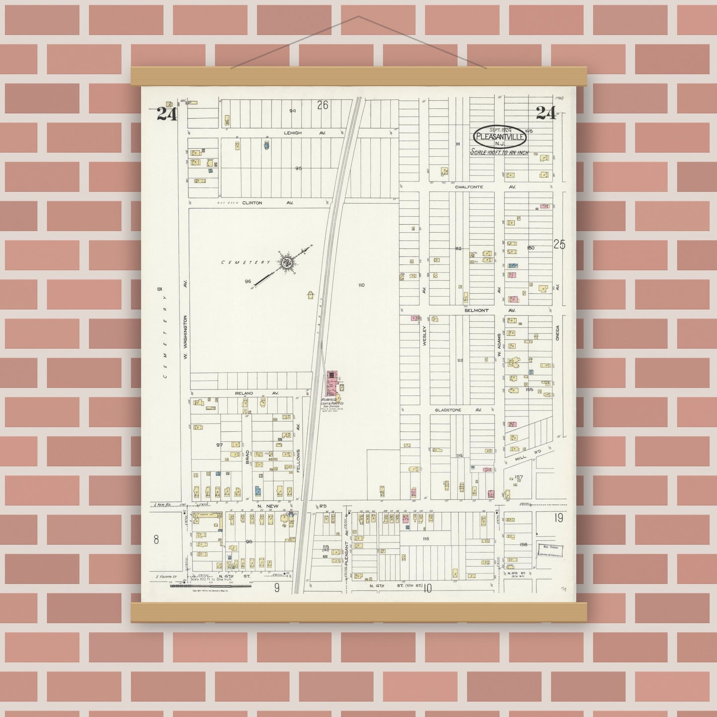 Old map wall art mockup — magnetic wood frame on brick wall — Sanborn Fire Insurance Map from Pleasantville, Atlantic County, New Jersey (1924), Sheet #0024