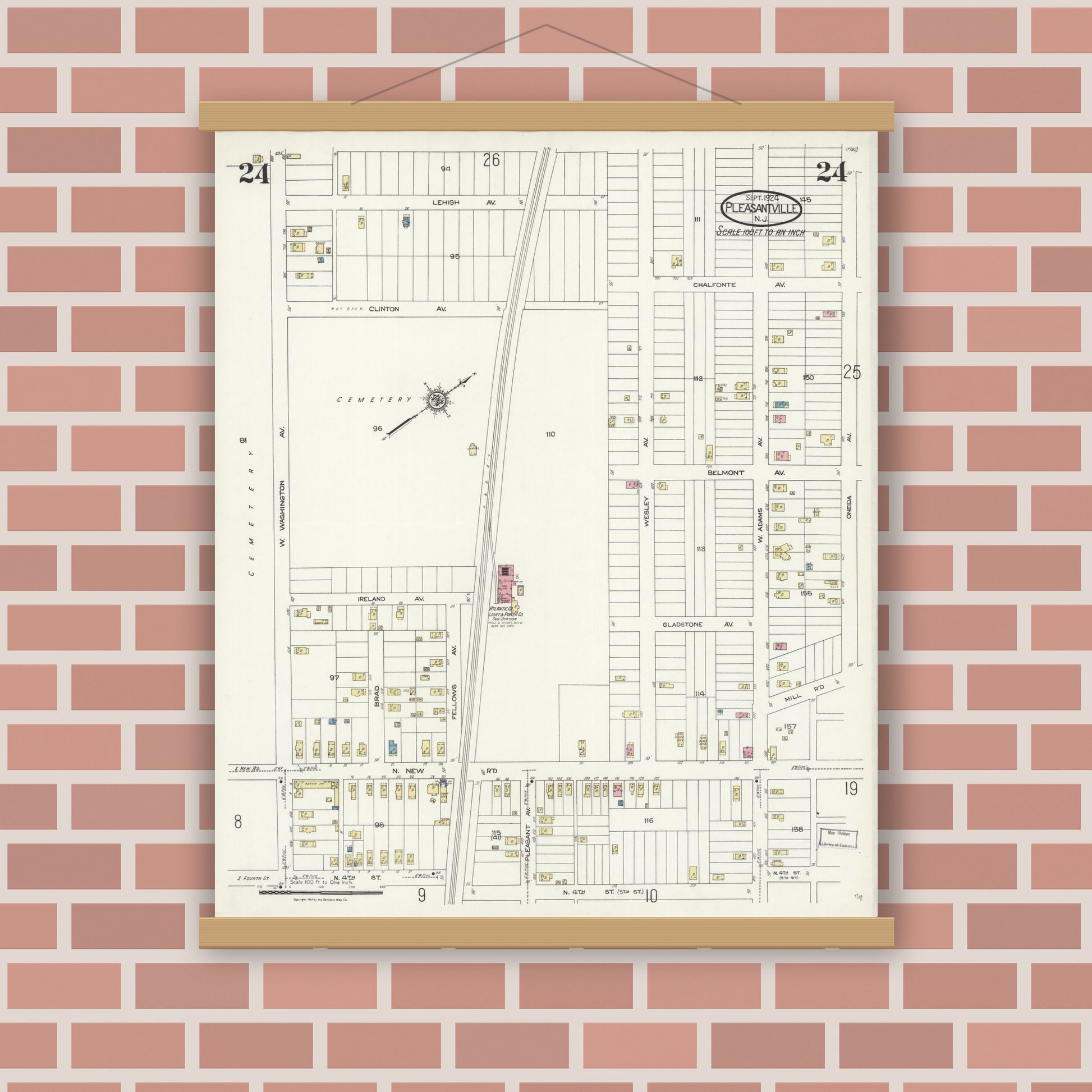 Old map wall art mockup — magnetic wood frame on brick wall — Sanborn Fire Insurance Map from Pleasantville, Atlantic County, New Jersey (1924), Sheet #0024