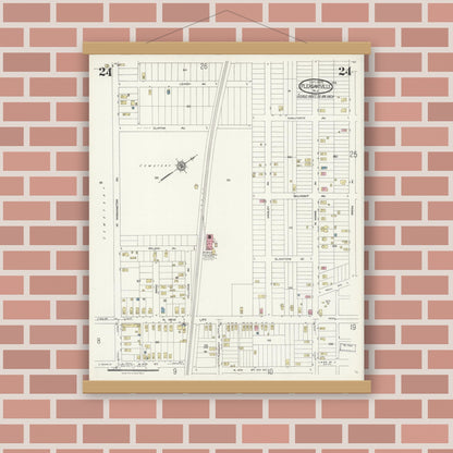 Old map wall art mockup — magnetic wood frame on brick wall — Sanborn Fire Insurance Map from Pleasantville, Atlantic County, New Jersey (1924), Sheet #0024
