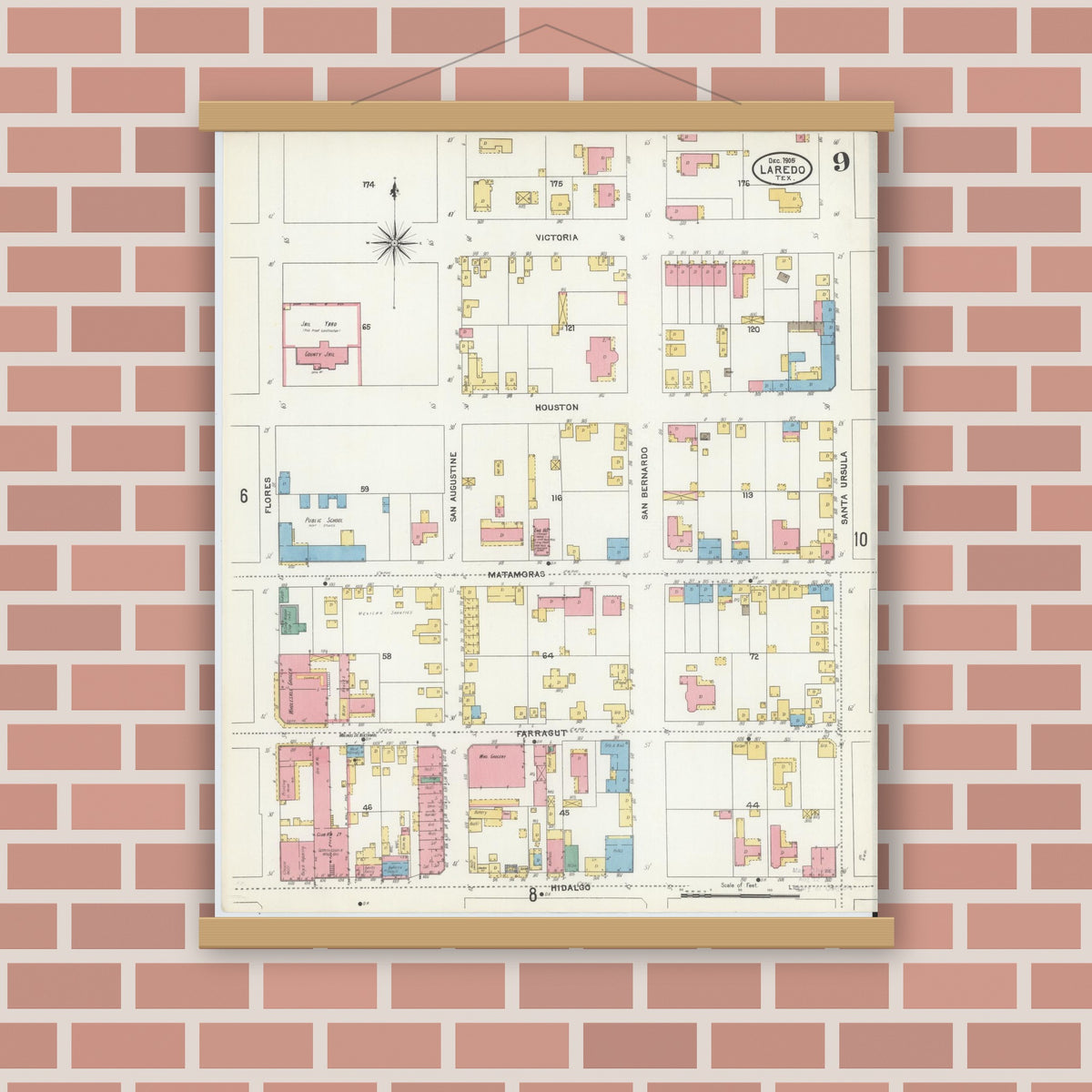 Old map wall art mockup — magnetic wood frame on brick wall — Sanborn Fire Insurance Map from Laredo, Webb County, Texas (1905), Sheet #0009