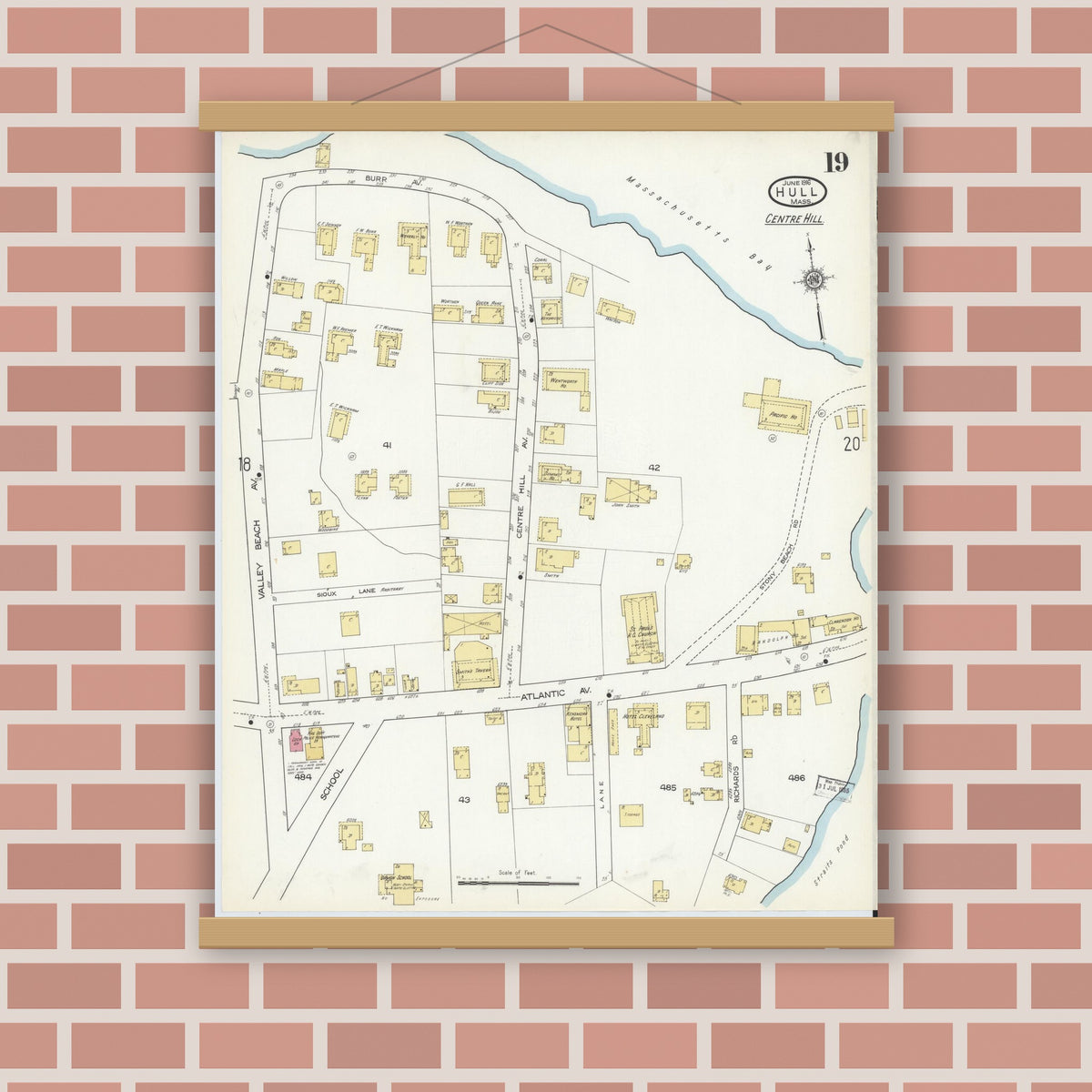 Old map wall art mockup — magnetic wood frame on brick wall — Sanborn Fire Insurance Map from Hull, Plymouth County, Massachusetts (1916), Sheet #0019