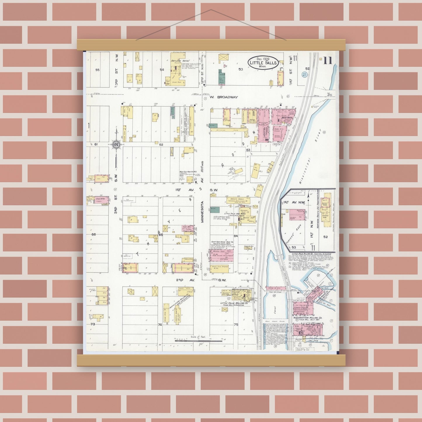 Old map wall art mockup — magnetic wood frame on brick wall — Sanborn Fire Insurance Map from Little Falls, Morrison County, Minnesota (1909), Sheet #0011