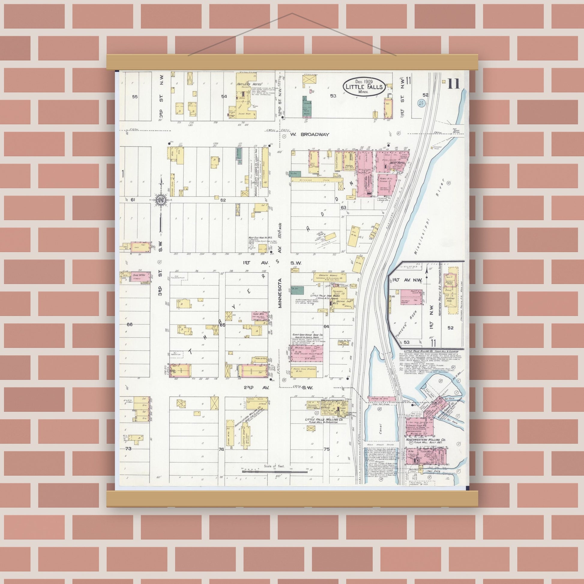 Old map wall art mockup — magnetic wood frame on brick wall — Sanborn Fire Insurance Map from Little Falls, Morrison County, Minnesota (1909), Sheet #0011