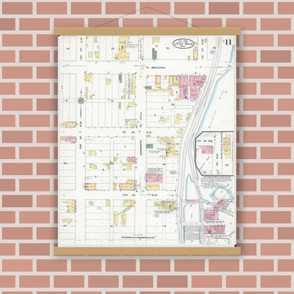 Old map wall art mockup — magnetic wood frame on brick wall — Sanborn Fire Insurance Map from Little Falls, Morrison County, Minnesota (1909), Sheet #0011