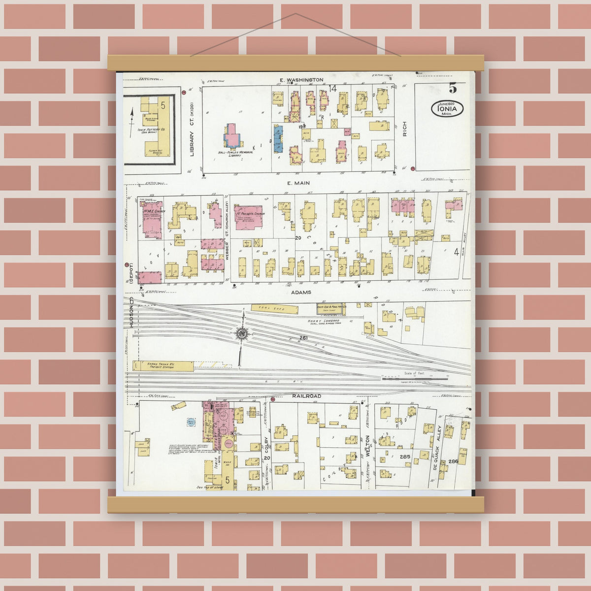 Old map wall art mockup — magnetic wood frame on brick wall — Sanborn Fire Insurance Map from Ionia, Ionia County, Michigan (1920), Sheet #0005