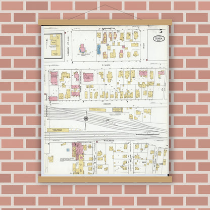 Old map wall art mockup — magnetic wood frame on brick wall — Sanborn Fire Insurance Map from Ionia, Ionia County, Michigan (1920), Sheet #0005