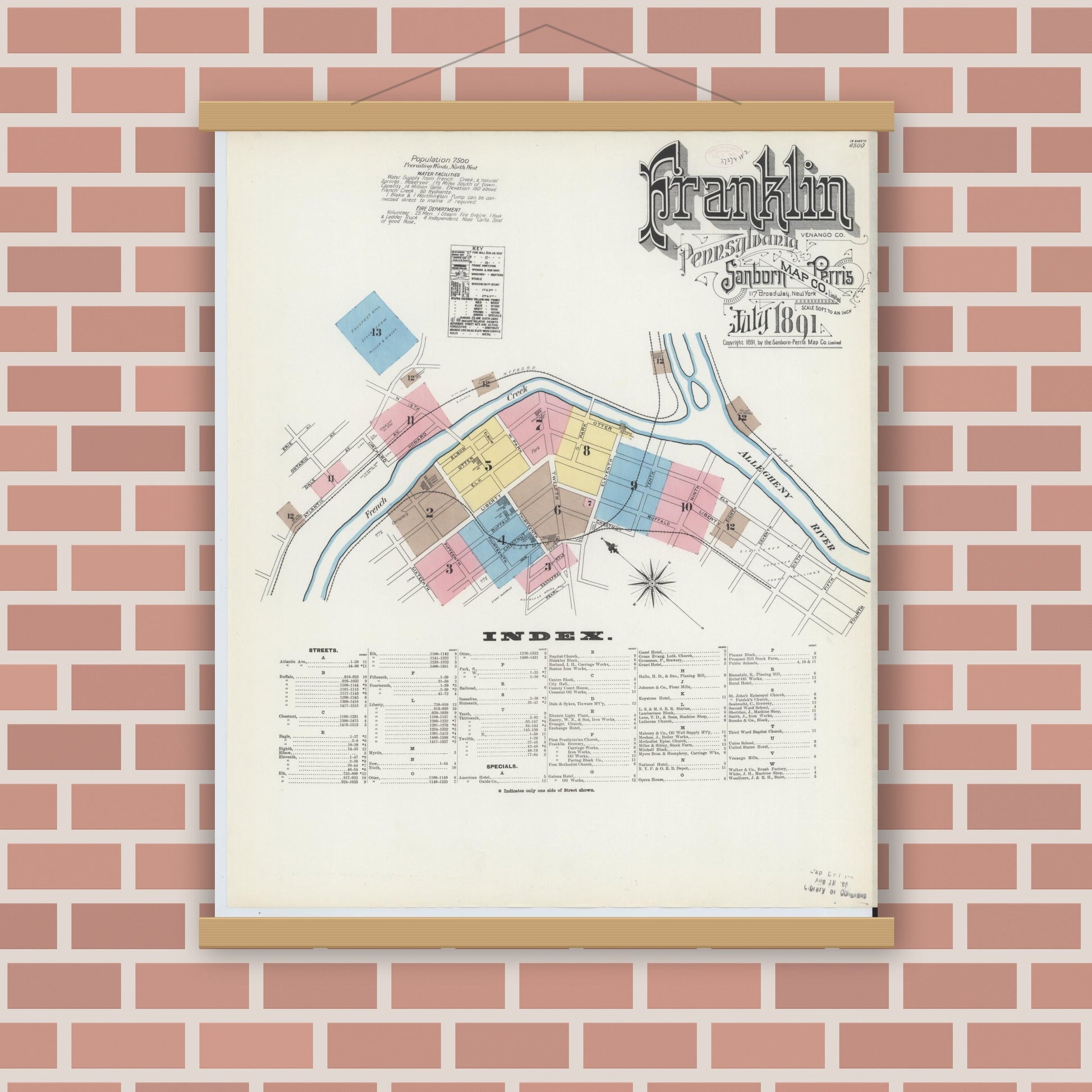 Old map wall art mockup — magnetic wood frame on brick wall — Sanborn Fire Insurance Map from Franklin, Venango County, Pennsylvania (1891), Sheet #0001