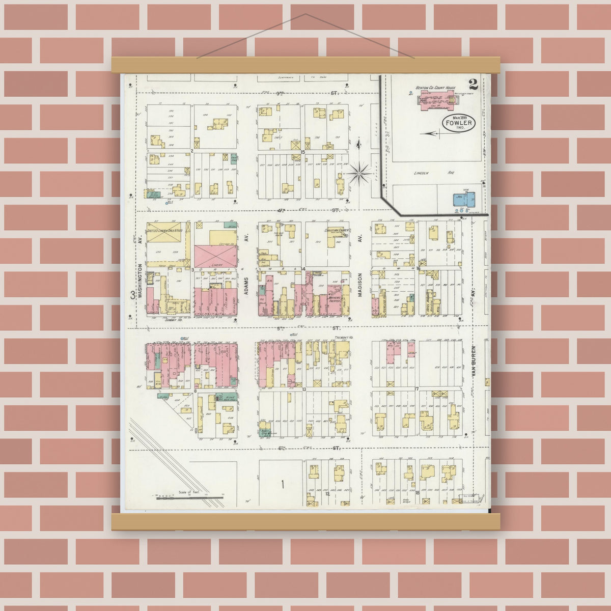 Old map wall art mockup — magnetic wood frame on brick wall — Sanborn Fire Insurance Map from Fowler, Benton County, Indiana (1899), Sheet #0002