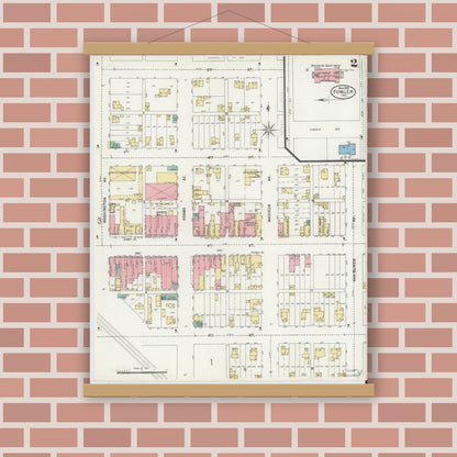 Old map wall art mockup — magnetic wood frame on brick wall — Sanborn Fire Insurance Map from Fowler, Benton County, Indiana (1899), Sheet #0002