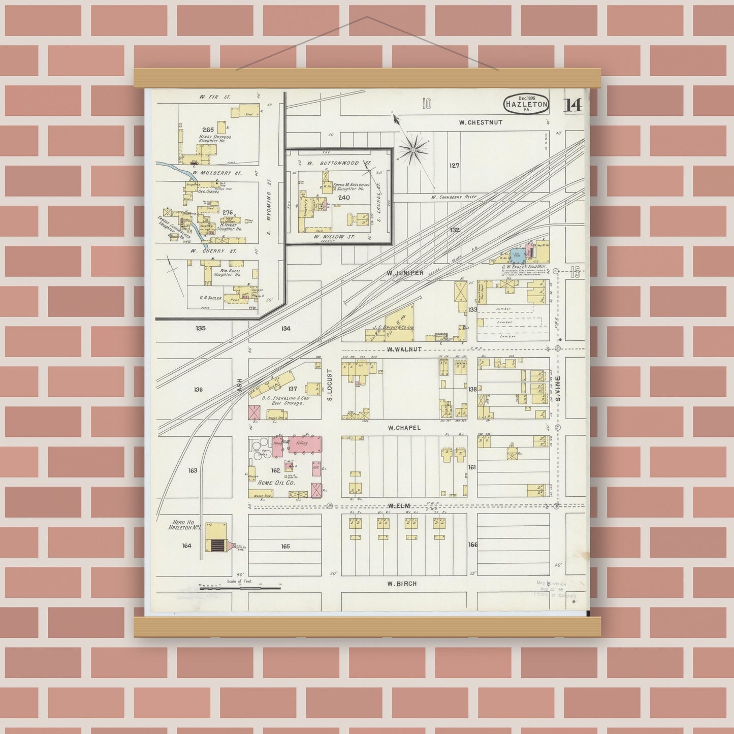 Old map wall art mockup — magnetic wood frame on brick wall — Sanborn Fire Insurance Map from Hazleton, Luzerne County, Pennsylvania (1895), Sheet #0014