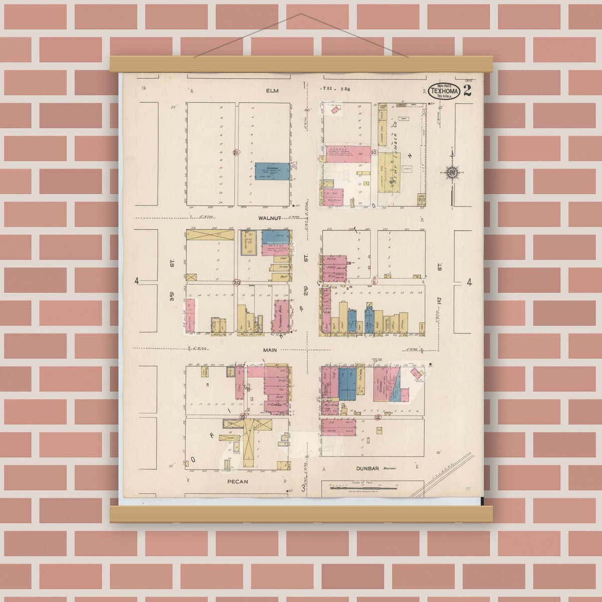 Old map wall art mockup — magnetic wood frame on brick wall — Sanborn Fire Insurance Map from Texhoma, Texas County, Oklahoma and Sherman County, Texas, Texas (1930), Sheet #0002