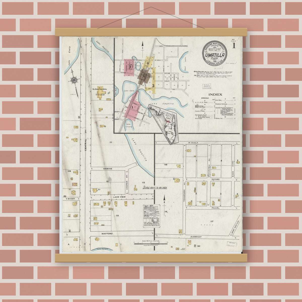 Old map wall art mockup — magnetic wood frame on brick wall — Sanborn Fire Insurance Map from Umatilla, Lake County, Florida (1920), Sheet #0001