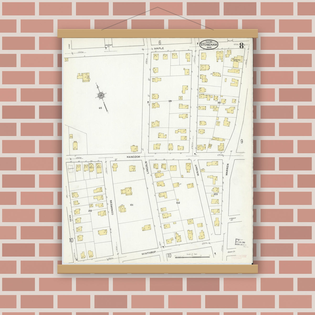 Old map wall art mockup — magnetic wood frame on brick wall — Sanborn Fire Insurance Map from Stoneham, Middlesex County, Massachusetts (1916), Sheet #0008