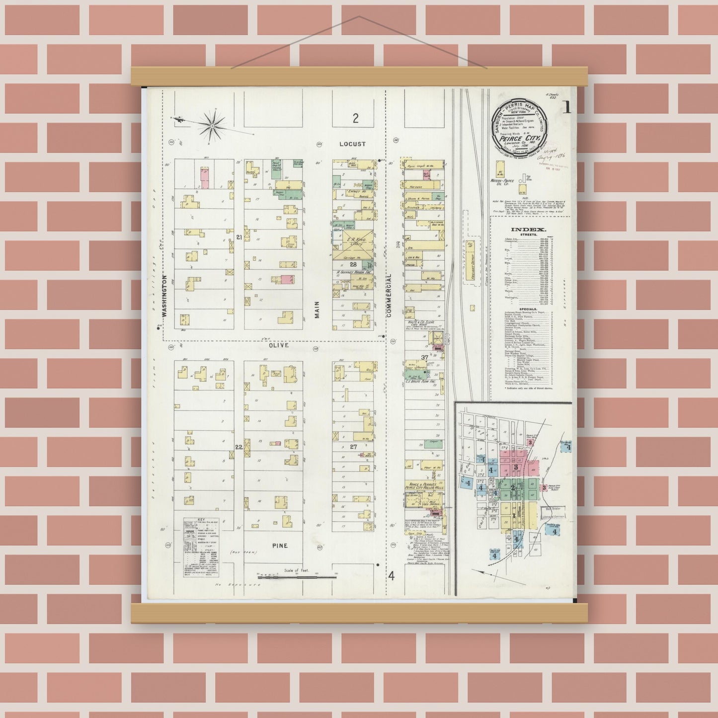 Old map wall art mockup — magnetic wood frame on brick wall — Sanborn Fire Insurance Map from Pierce City, Lawrence County, Missouri (1896), Sheet #0001
