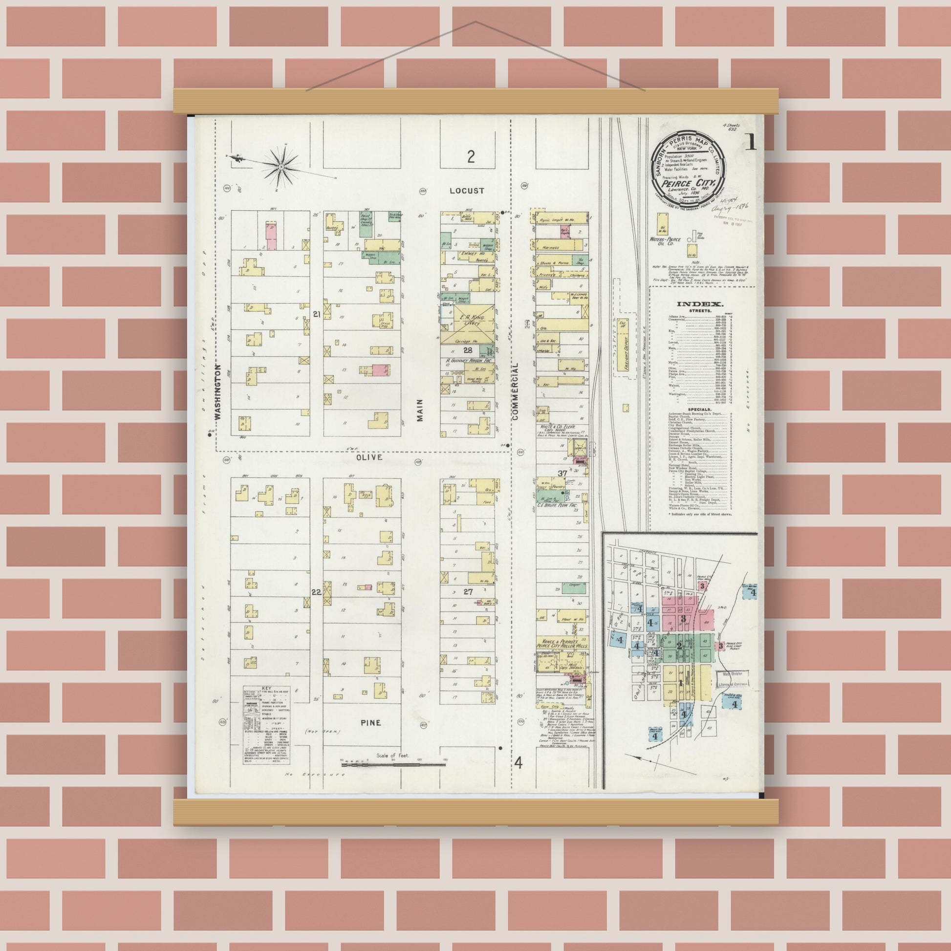 Old map wall art mockup — magnetic wood frame on brick wall — Sanborn Fire Insurance Map from Pierce City, Lawrence County, Missouri (1896), Sheet #0001