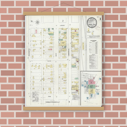 Old map wall art mockup — magnetic wood frame on brick wall — Sanborn Fire Insurance Map from Pierce City, Lawrence County, Missouri (1896), Sheet #0001