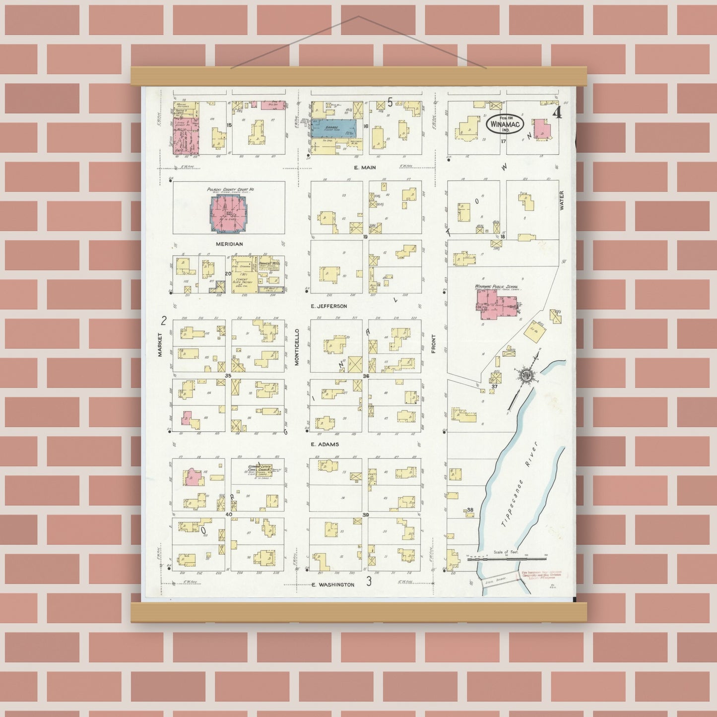 Old map wall art mockup — magnetic wood frame on brick wall — Sanborn Fire Insurance Map from Winamac, Pulaski County, Indiana (1911), Sheet #0004