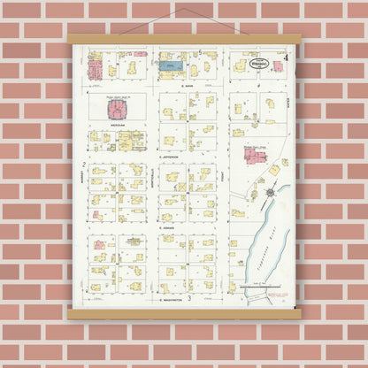 Old map wall art mockup — magnetic wood frame on brick wall — Sanborn Fire Insurance Map from Winamac, Pulaski County, Indiana (1911), Sheet #0004